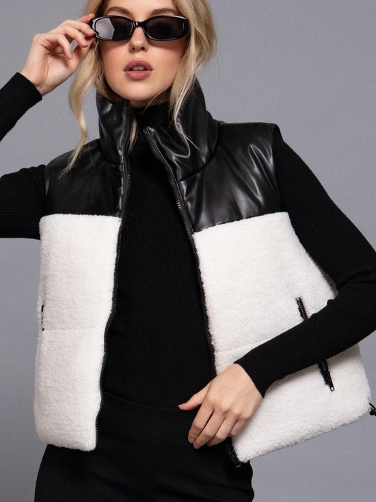 Aaron & Amber Jackets & Blazers - Women’s Black & White Fur Puffer Vest with Vegan Leather Reversible Large NWT